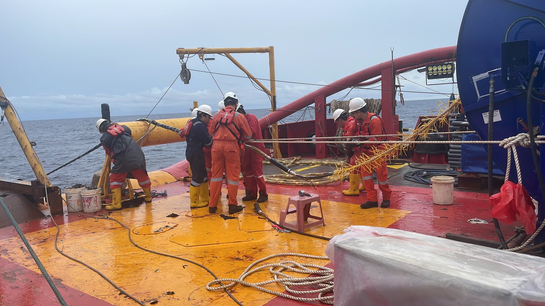 Offshore survey equipment deployed over vessel side